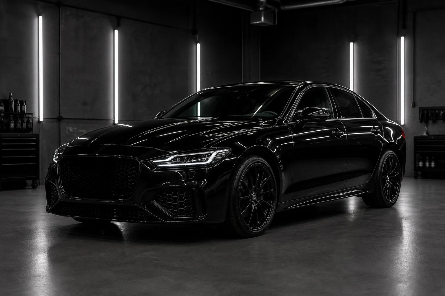 El mismo coche negro después del detailing, limpio y brillante