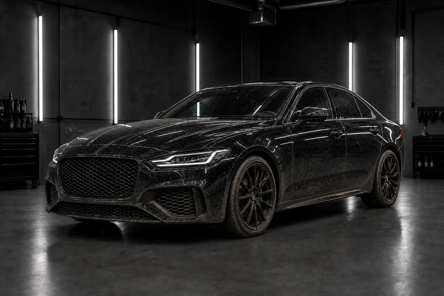 Coche negro antes del detailing, con polvo y suciedad